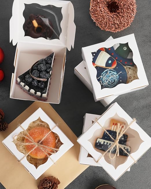 qiqee 400Pcs White Bakery Box with Window 4"x4"x2.5" Macaron Boxes Small Donut Pastry Boxes for Party Mini Cookie Boxes