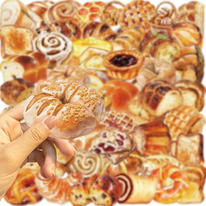 Cute Bread Stickers for Adults,Teens,Kids, 50PCS Realistic Bakery PET Transparent Waterproof Food Stickers Pack for Water Bottles,Laptop,Scrapbook, Bakery Themed Party Decorations