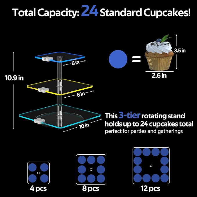 3-Tier Rotating Cupcake Stand with LED Lights - 360° Spinning Display Tower for Desserts, Cakes & Pastries - Rechargeable 7-Color Changing Serving Tray for Weddings, Parties & Festive Gatherings (Clear Acrylic)