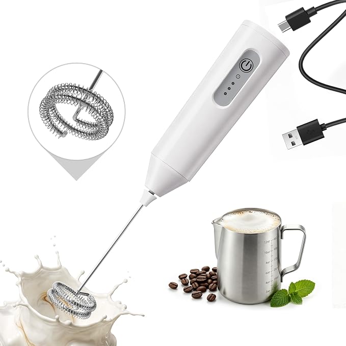 Puraville Rechargeable Electric Milk Frother Handheld, 3 Speeds Electric Whisk Drink Mixer with Stand, Type-C Charging BPA Free for Coffee, Latte, Cappuccino, Egg, Cream, White