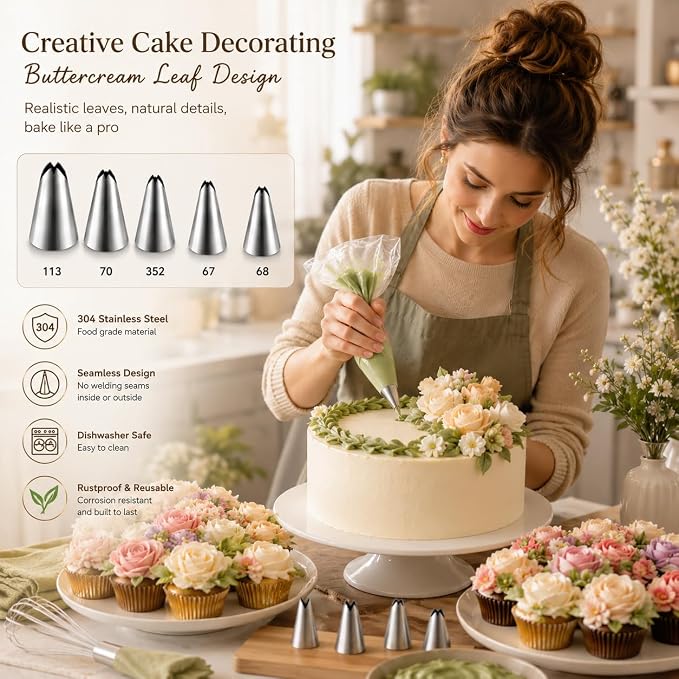 5 Pcs Leaf Piping Tips Set, Stainless Steel Cake Decorating Tips for Buttercream, Frosting Icing Nozzles for Cupcakes, Cookies, Cakes – Includes 67, 68, 70, 352, 113 – Dishwasher Safe