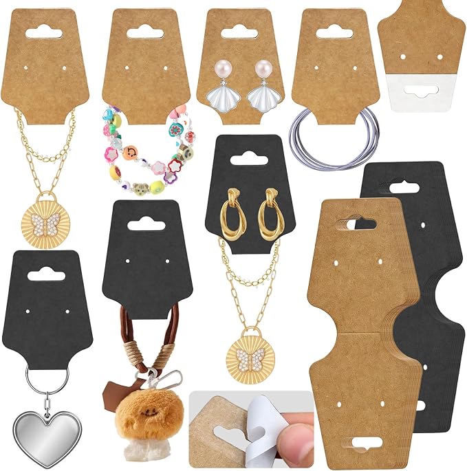 200PCS Bracelet Display Cards Necklace Holder Cards Self Adhesive Jewelry Packaging Selling Card for Small Business (Brown with two earring holes, 1.8x4.7 inches)