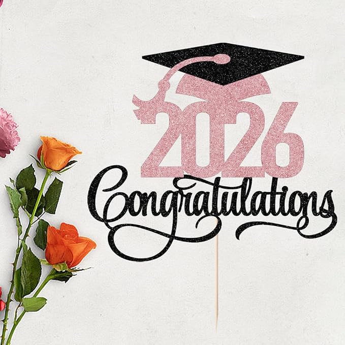 Black rose gold Glitter 2026 Congratulations Graduation Cake Topper,Congrats Grad Cake Decor - 2026 High School/College/Senior Graduation Party Decorations Supplies