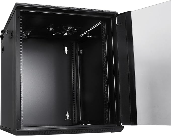 RackPath 12U Wall Mount Network Rack Cabinet – Quiet Cooling Fan, Locking Glass Door, 17.7" Deep (450mm), Removable Locking Side Panels, Fits 19" IT & A/V Equipment