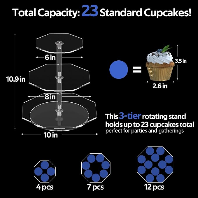 3-Tier Rotating Cupcake Stand, Clear Acrylic 360° Spinning Dessert Display Tower for Cakes & Pastries, Serving Stand for Weddings, Birthdays, Parties - Polygon