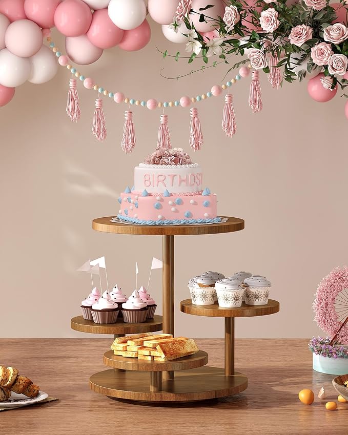 SANYOUNG 4 Tier Round Cupcake Tower Stand for 50 Cupcakes, Rotatable Wooden Cake Stands with Tiered Tray, Cookie Dessert Display Stand for Wedding Birthday Baby Shower Tea Party, Rustic