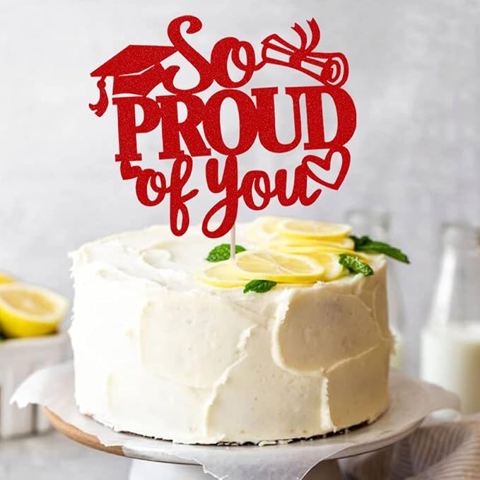 1 Pack So Proud of you Cake Topper with Gold Glitter Diploma Graduation Cap Cake Pick Contrats Class of 2024 Cake Decorations for 2024 Graduation Theme High School Boys Girls Graduate Party Red