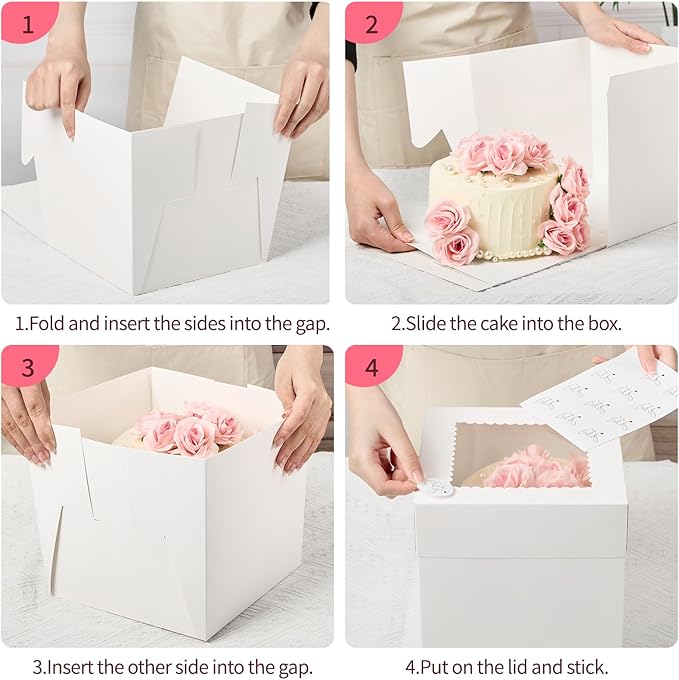ZORRITA 4 Pack Cake Boxes, 8 x 8 x 8 Inches Tall Bakery Box with Window and Stickers, Disposable Cake Containers for Wedding, Birthday, Party