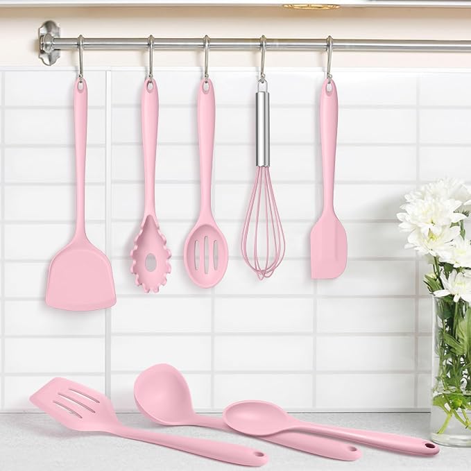 TeamFar Silicone Cooking Utensils Set, 8 PCS Kitchen Utensils Set, 446°F Heat Resistant, Turner, Spatula, Spoon, Whisk, Kitchen Cooking Gadgets Tools for Nonstick Cookware, Dishwasher Safe-Pink