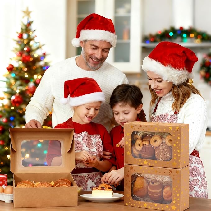 24 Pack Christmas Cookie Boxes,Gold Star Bakery Boxes with Window (9x6x3 Inch),Sturdy Pastry Boxes for Baked Goods,Treat Box for Holiday Gift Exchange, Cookie Tins with Lids for Gift Giving