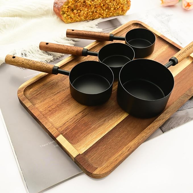 Measuring Cups and Spoons Set of 8, Matte Black Stainless Steel Nesting Kitchen Measuring Set, Wood Handle Dry and Liquid Measuring Cups, For Cooking and Baking