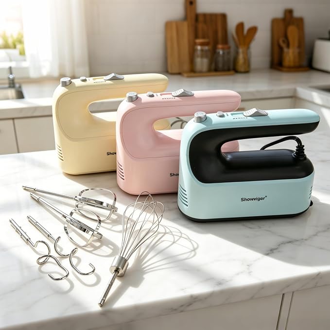 Electric Hand Mixer, 300W Handheld Mixer with 5 Stainless Steel Accessories, 5 Adjustable Speeds + Turbo Boost & Self-Control, One-Button Eject, Food Beater for Cakes, Eggs, Dough (Beige)