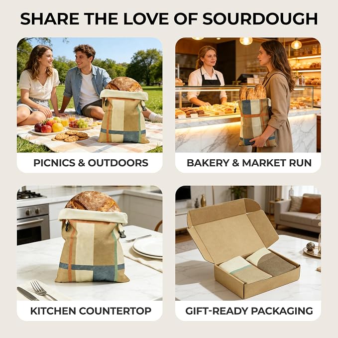 2 Pack Beeswax Bread Bags for Homemade Bread and Sourdough, XL 17x13in Reusable Cotton Storage Bags, Shadow Blocks & Windowpane Grid, Double-Layer Design with Beeswax Lining for Kitchen | Keeps loaves soft