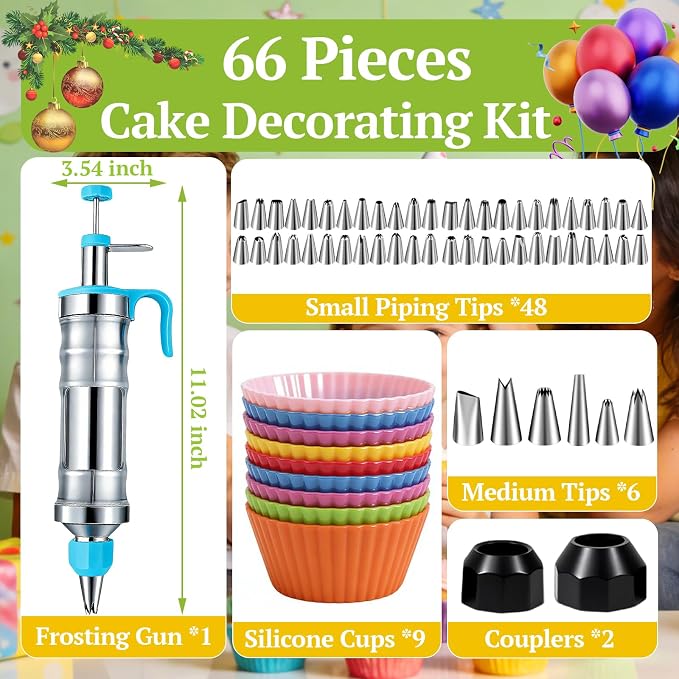 Suuker Dessert Decorating Syringe Set | Frosting Piping Kit, Stainless Steel, 54 Piping Tips, 9 Silicone Baking Cups