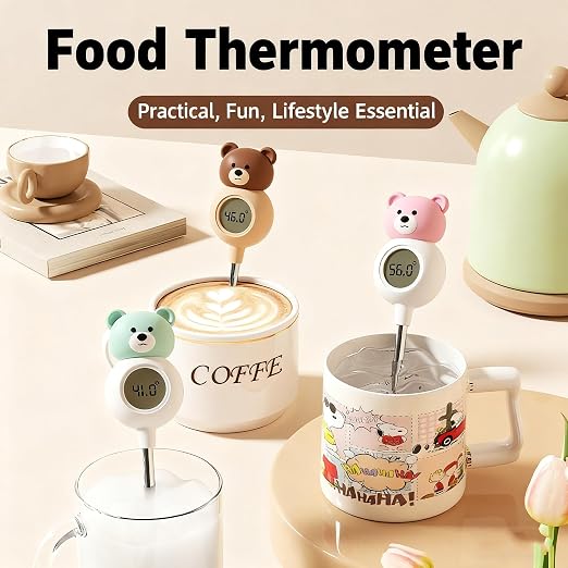 2 in 1 Digital Instant Read Cooking Thermometer, Pink | Bear Shaped Stirring Rod Thermometer, Food Grade Probe for Baby Milk Coffee Soup, Auto On Off Kitchen Gadget