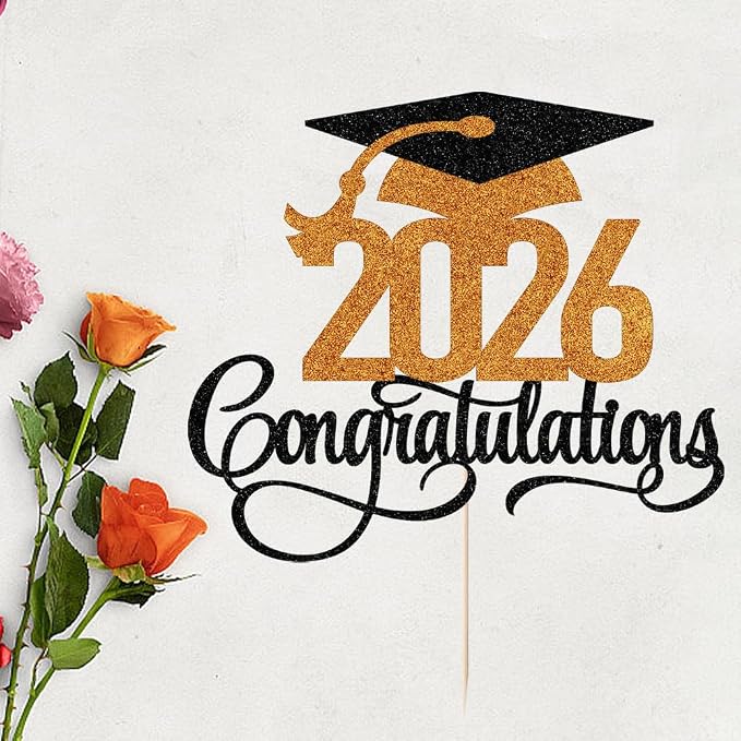 Glitter 2026 Congratulations Graduation Cake Topper,Congrats Grad Cake Decor - 2026 High School/College/Senior Graduation Party Decorations Supplies (2026Congratulations Black orange)