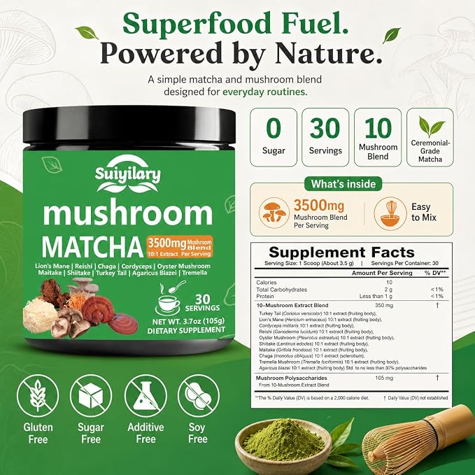 Suiyilary 10 Mushroom Matcha Powder with Lion's Mane, Reishi, Mushroom Polysaccharides & More, Japanese Ceremonial Matcha for Focus, Energy, Immunity Boost, Memory - 30 Serving