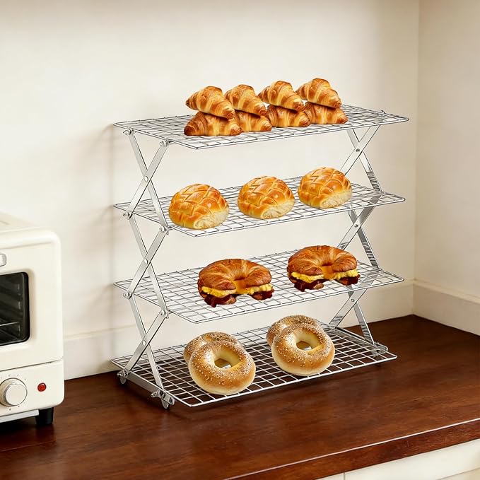 4 Tier Collapsible Cooling Rack Adjustable & Stackable Baking Rack Wire Cooling Rack for Cookies Bread Baking