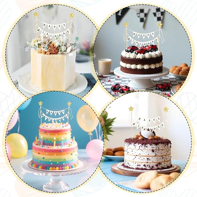 Happy Birthday Flag Banner Cake Topper, Handmade Pennant & Star Garland Birthday Cake Flag Decoration Happy Birth Day Sign & Garland for Party Supplies