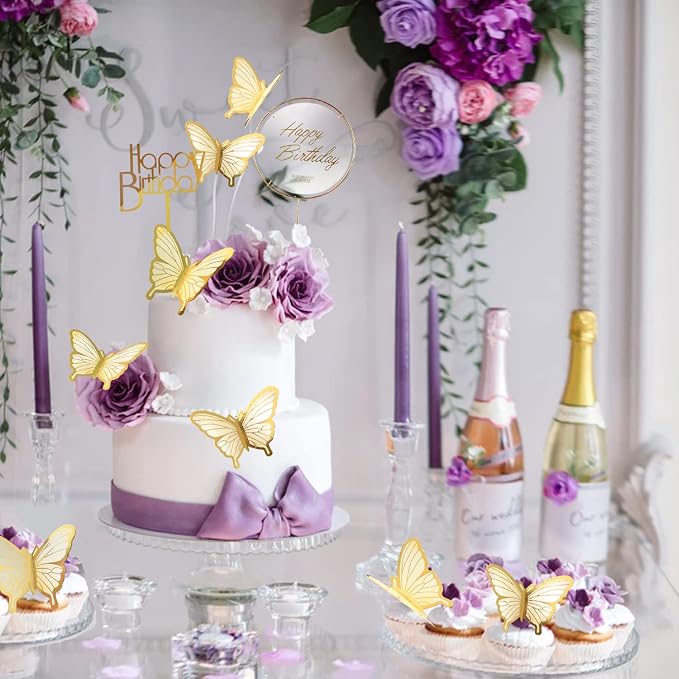 22-Pieces Butterfly Cake Decorations With Happy Birthday Acrylic Cake Toppers for Baby Shower Wedding Birthday Party Decor (Beige)