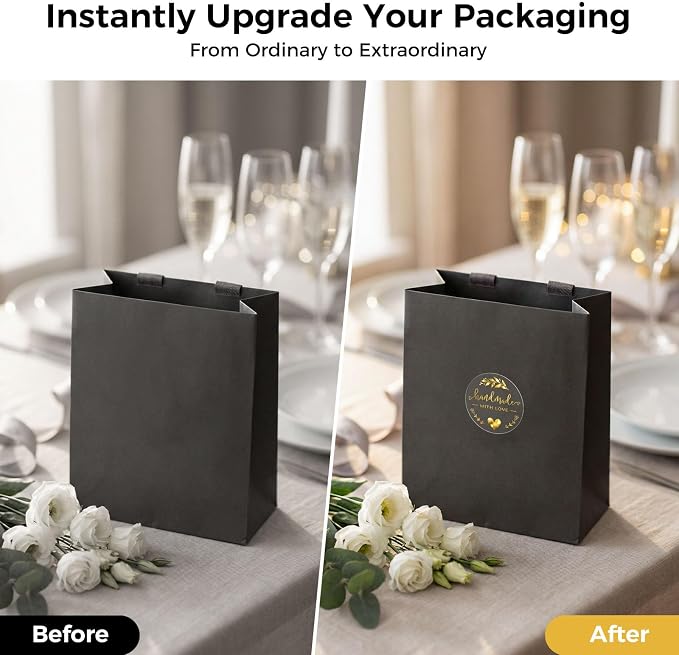 Handmade with Love Stickers 100 Pcs, Gold Foil Transparent Labels for Small Business Packaging, 1.6 Inch Round Thank You Stickers for Gift Wrap, Bakery Boxes, Envelopes (Gold Foil)