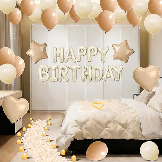 Neutral Happy Birthday Balloons Decorations Beige Cream Neutral Birthday Balloon Letters Banner with Star Heart Balloons 1000 Artificial Rose Petals 24 Flameless LED Candles for Birthday Party Supply