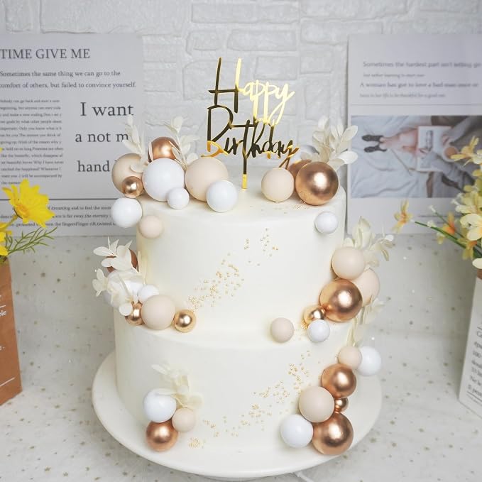 Khaki Balls Cake Topper Boho Grass Cake topper Khaki White Gold Pearl Balls Happy Birthday Cake Decorations for Wedding Birthday Boho Themed Supplies (Khaki)
