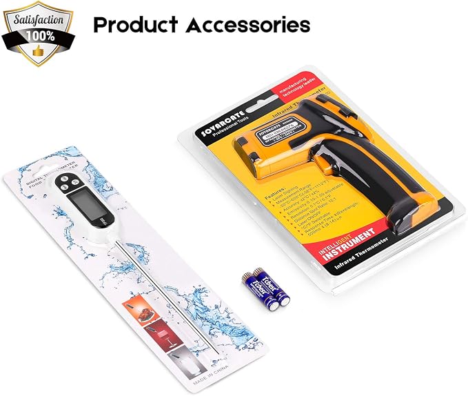 Infrared Thermometer Non-Contact Digital Laser Temperature Gun -58℉~1112℉(-50℃~600℃) Adjustable Emissivity IR Temp Gun - for Cooking, BBQ, Food, Fridge, Pizza Oven, Engine - Meat Thermometer Included