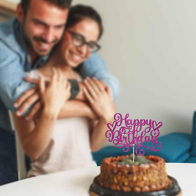 Gyufise 1Pcs Happy Birthday Cake Topper Glitter Cake Pick for Celebrating Anniversary Party Cake Decorations Supplies Purple