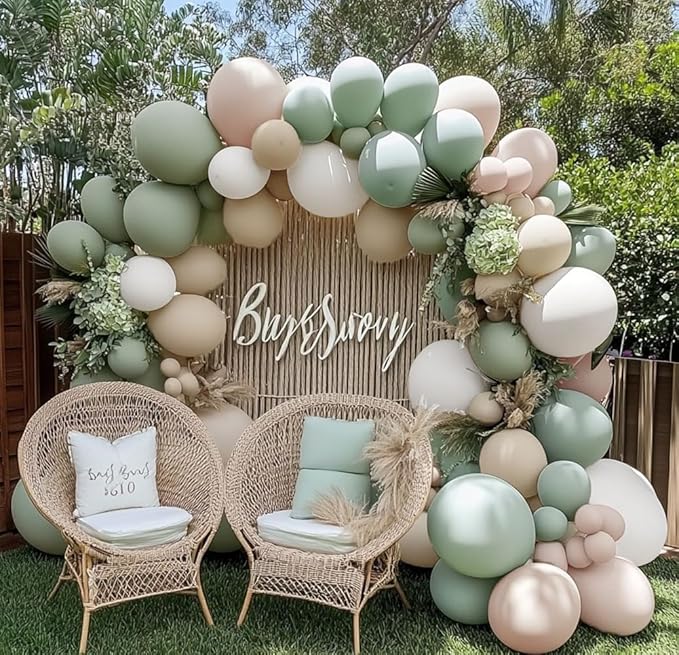 Sage Green White Balloon Garland Double Stuffed Dusty Green Cream Sand White Beige Latex Neutral Balloons Arch Kit for Boho Baptism Baby Shower Birthday Wedding Decoration