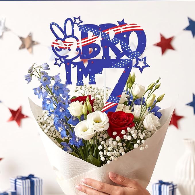 Bro I'm 6 Birthday Cake Toppers, Patriotic Cake Decorations for Boys Birthday Anniversary Party Decor Supplies