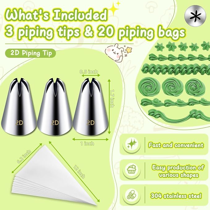 Hendiy 3pcs 2D Cake Piping Tips with 20 Piping Bags | Large Piping Nozzles, Cookie Icing, Cupcakes, Buttercream, DIY Art