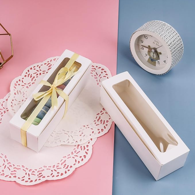 NPLUX Macaron Boxes, 25 Pack White Dessert Boxes with Clear Window and Ribbon, 7.2 x 2.1 x 1.9 In, Fits 5 to 7 Macarons, Bakery Packaging Boxes for Gifts, Cookies, Graduation Gifts Party Favors