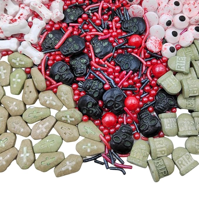 Homankit Halloween Sprinkles for Cake Decorating Edible Eyes Red Black Sprinkles Dog Bones Tombstone Skull Sprinkle Mix Cake Cupcake Toppers Cookie Dessert Decorations 3.2 Ounces