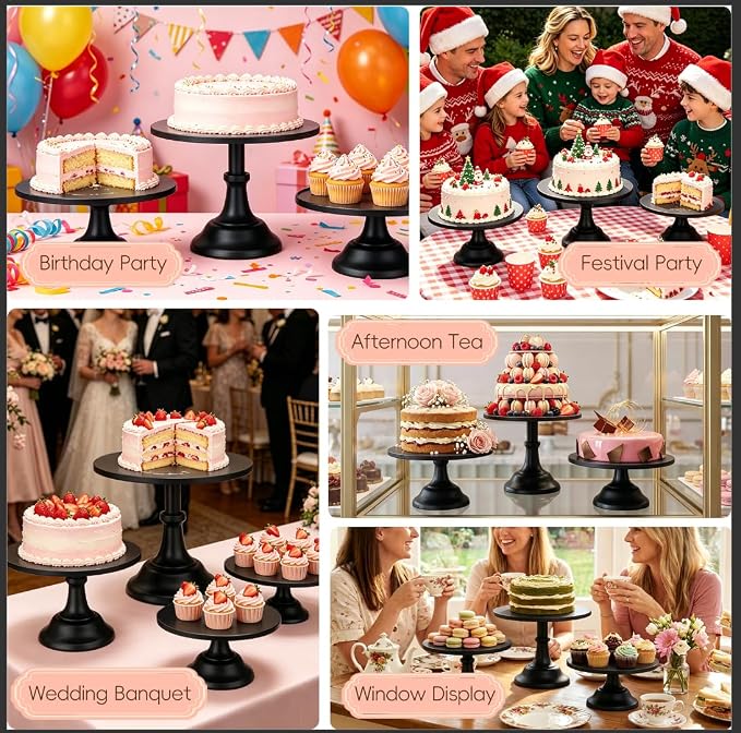 Three-piece Cake Stand Set, Metal Round Trays, 8-inch, 10-inch, and 12-inch, for Dessert Table displays; Perfect for Christmas, Thanksgiving, Birthdays, Weddings, and Other Celebrations(Black)