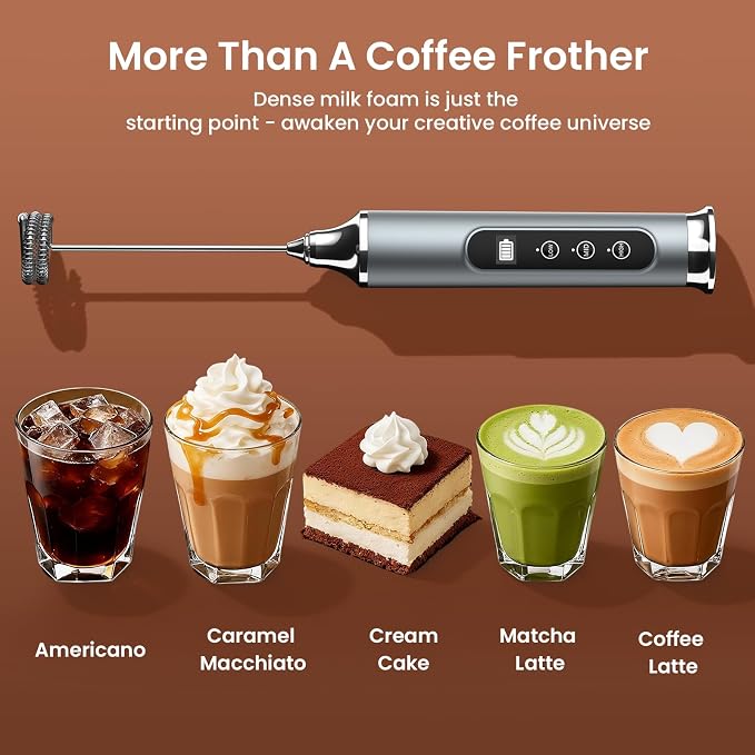 YUSWKO Milk Frother Wand for Coffee with Stand, Coffee Frother Handheld | Rechargeable Drink Mixer Wand, Waterproof Electric Whisk for Protein Powder, Lattes, 3 Variable Speeds 3 Whisks, Silver