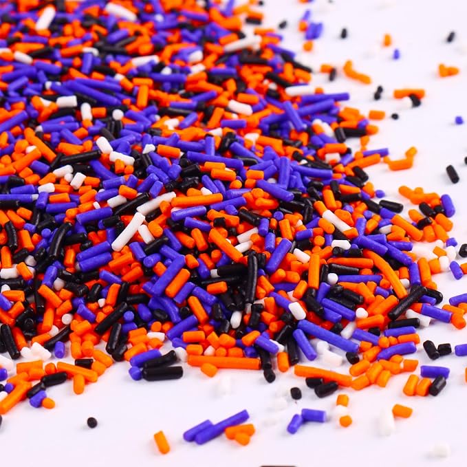 Halloween Jimmies Sprinkles Bulk - 7 oz Black Orange Purple White Jimmies Mix for Cake Decorating, Edible Cookie Cupcake Decorations for Spooky Halloween Baking & Party Treats