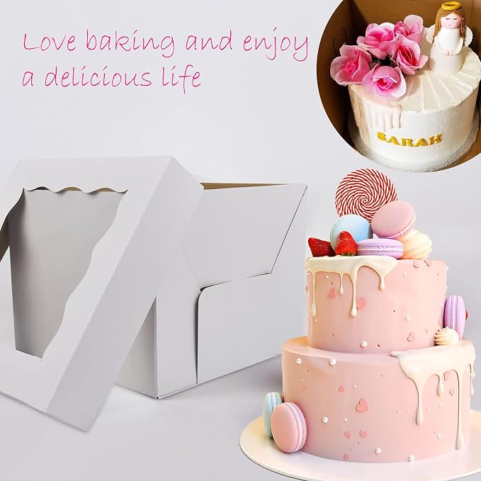 KBG Cake Boxes 10pcs 10x10x10 Inches With Window Tall Cake Box for Tier Cakes for Wedding Birthday Transport,Sturdy White Bakery Box Disposable Cake Containers Cake Boxes 10 inch
