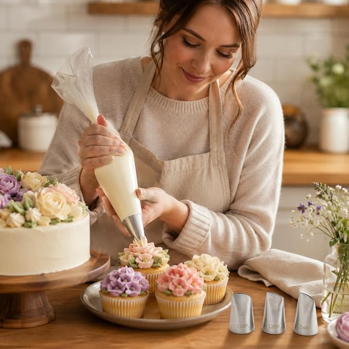3 Pcs Korean Flower Piping Tips Set, Stainless Steel Flower Tubes 124K 125K 126K for Buttercream, Frosting Nozzles for Korean-Style Flowers, Peonies, Roses, Ranunculus