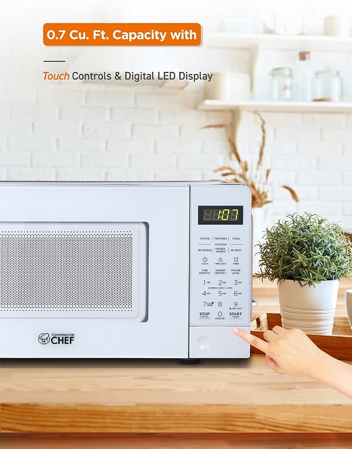 COMMERCIAL CHEF 0.7 Cubic Foot Microwave with 10 Power Levels, Small Microwave with Pull Handle, 700W Countertop up to 99 Minute Timer and Digital Display, White