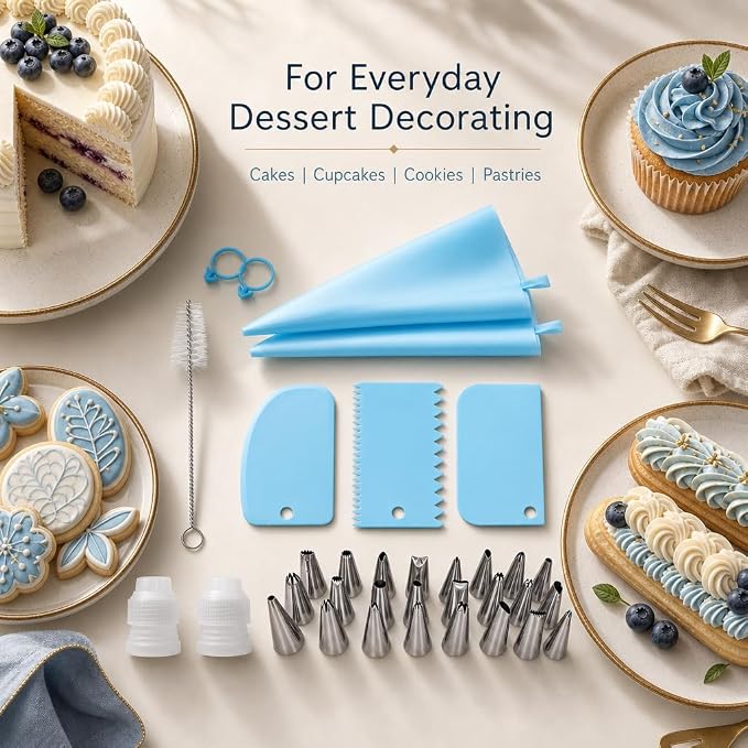 34 PCS Cake Decorating Supplies Kit, Reusable Piping Bags and Tips Set with 24 Stainless Steel Icing Tips, 3 Cake Scrapers, 2 Couplers, Ties and Cleaning Brush for Baking