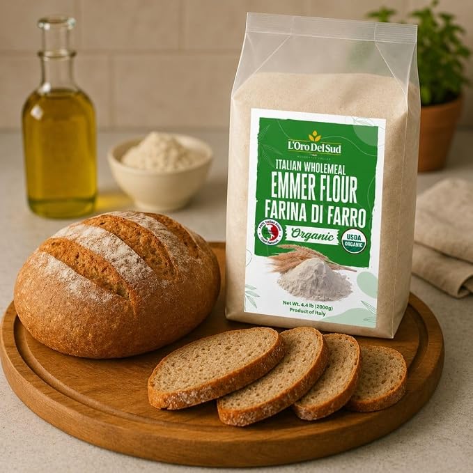 L'Oro Del Sud Organic Farro, Emmer Flour, Stone-Ground, 4.4 lb (2 Kg) | Stone Ground Ancient Grain Flour, USDA Organic, High Fiber, Non-GMO, All-Purpose Flour for Breads, & Pizza, Product of Italy