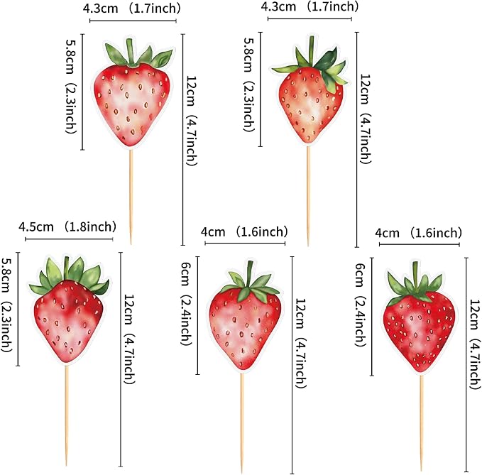 25pcs Watercolor Printed Strawberry Cupcake Toppers Red Strawberries Cupcake Picks for Strawberry Baby Shower Kids Boys Girls Berry Birthday Sweet Fruit Party Cake Decorations