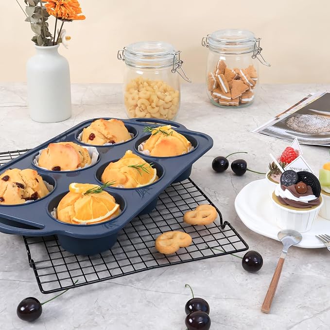 Jumbo Silicone Muffin Pan with Metal Frame, Non Stick Silicone Cupcake Pan with Handles 6 Cup, BPA Free Silicon Muffin Tin Tray Extra Large for baking, egg bites, Cupcake Mold Grey