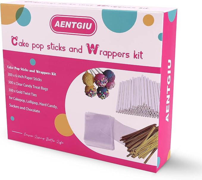 900-PCS Cake Pop Sticks and Wrappers Kit, Including 300pcs 6-inch Paper Lollipop Sticks, 300pcs Parcel Bags, 300pcs Gold Twist Ties for Lollipop, Hard Candy, Chocolate, Marshmallows, and Fruit Skewers
