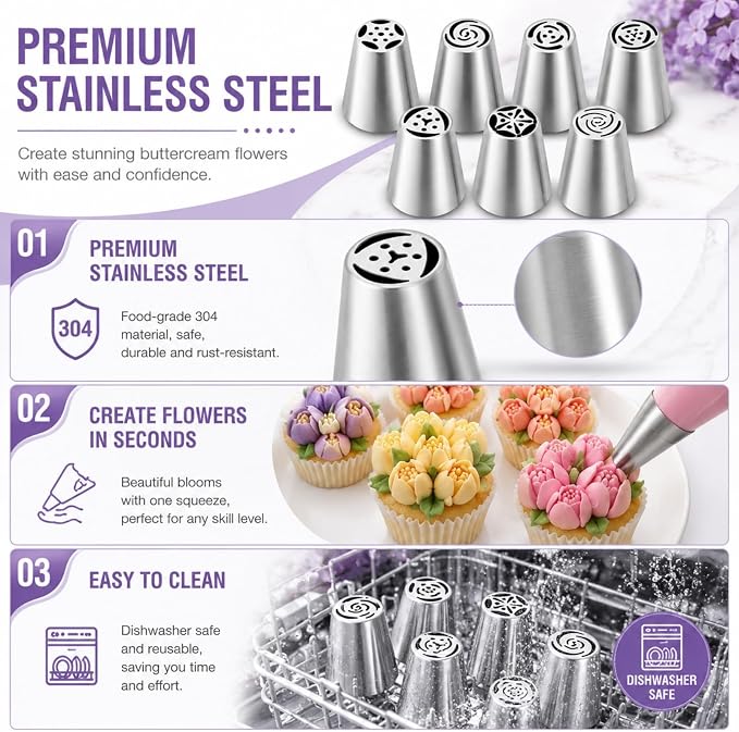 7 Pieces Russian Piping Tips,Cake Decorating Supplies Piping Tips | Stainless Steel, For Cookie And Cake Decorating,Birthday Cake, Cupcake, DIY Cream Baking Tools