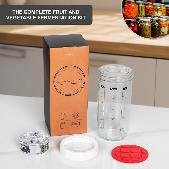 Fermentation Kit with Mason Jar – Fermentation Lids & Glass Weight, Burping Lids for Mason Jars, Easy Vegetable Fermenting Jar Starter Set for Pickles & Sauerkraut
