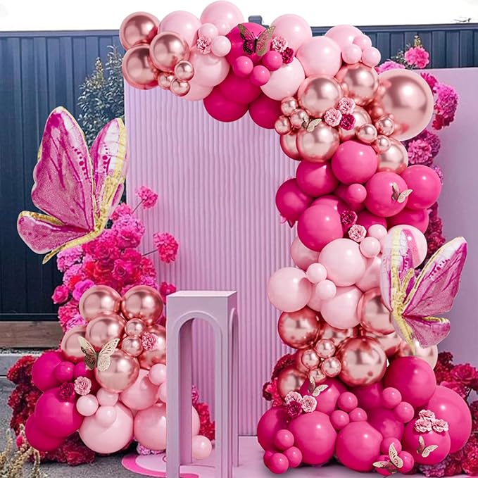 Pink Butterfly Balloon Arch Garland Kit 112pcs Pastel Pink Rose Gold Balloons with 2pcs Butterfly Foil Balloons for Birthday Party Decorations Baby Shower Decorations for Girls