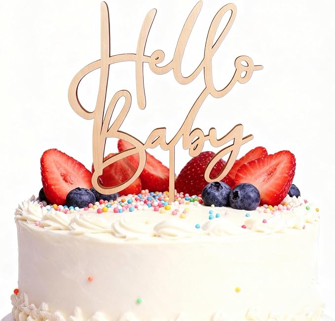 Hello Baby Wooden Cake Topper - Baby Shower Cake Decorations, Gender Reveal Party Supplies, Baby Birthday Decor & Photo Booth Props for Baby Shower Favors