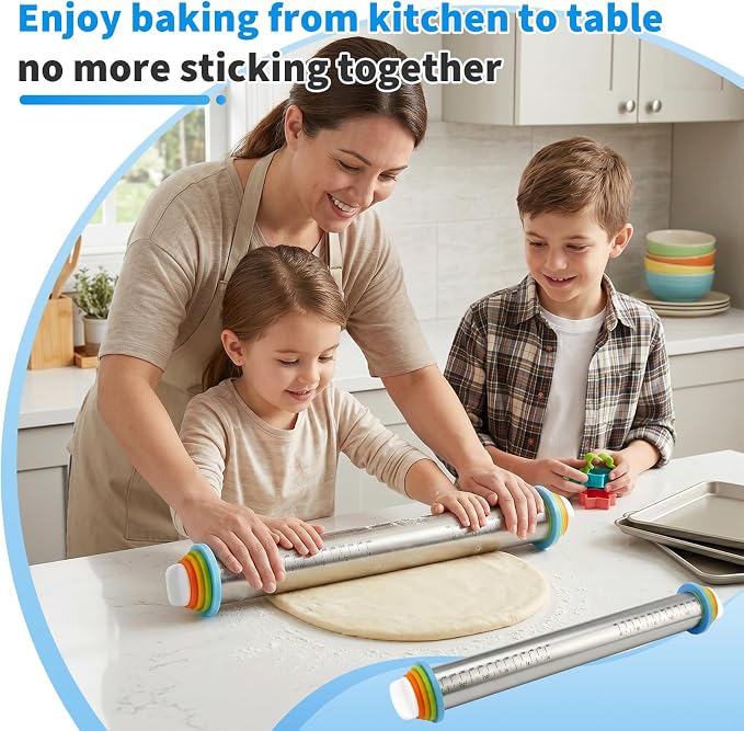 Cake Pop Roller, Adjustable Rolling Pin with Thickness Rings, Stainless Steel Design Ensures Smooth Rolling and Is Easy to Clean, Perfect for Evenly Rolling Dough for Pizza, Pie, Pastries, Pasta